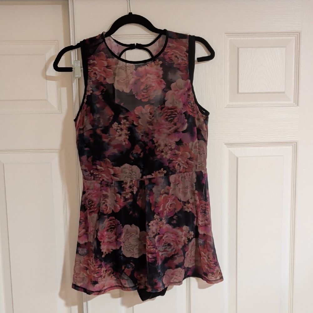 torrid Black Sheer Floral One-Piece Swim Romper with Pink and Purple Roses